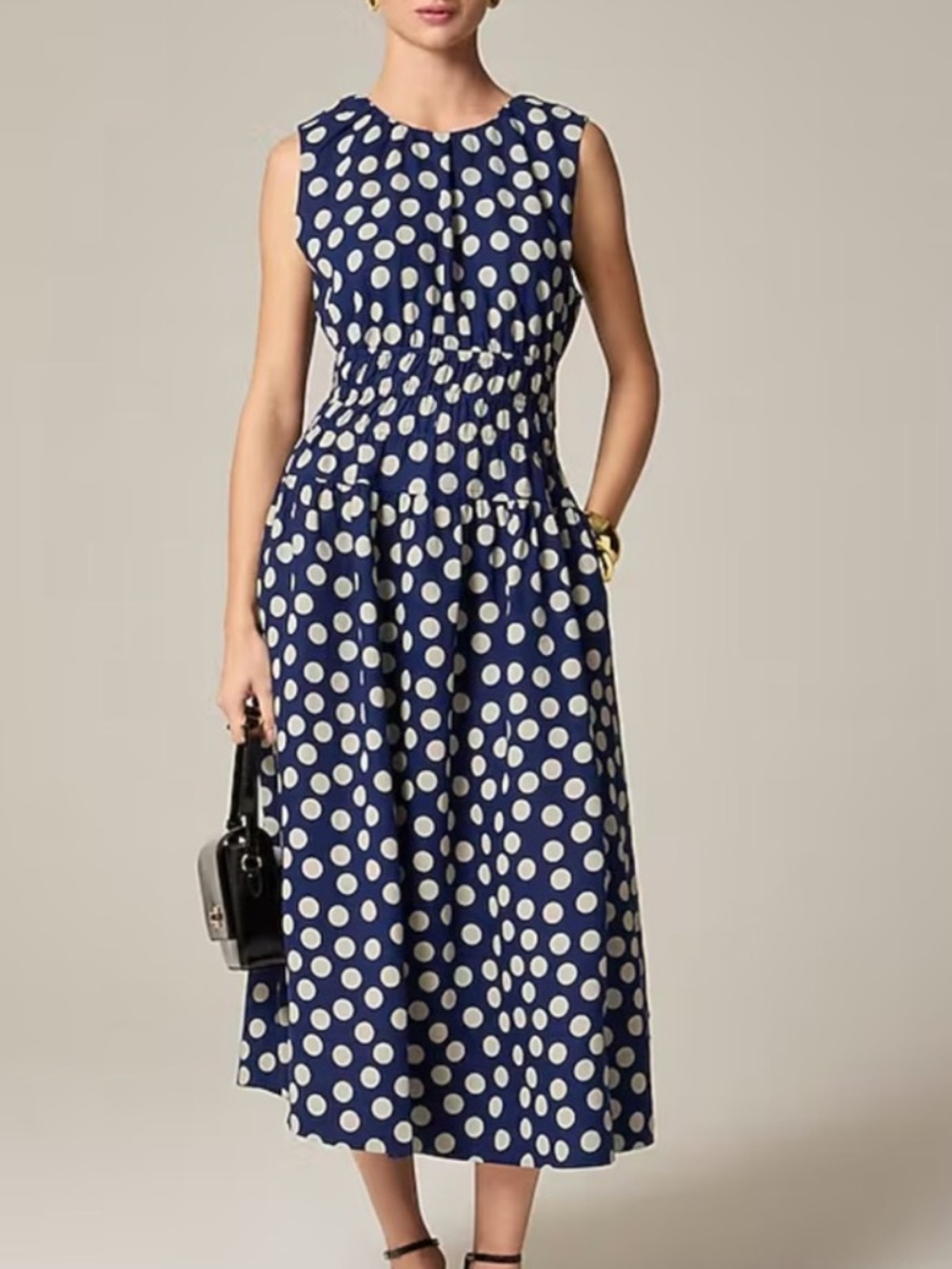 J. Crew Navy and White Polka Dot Sleeveless Midi Dress